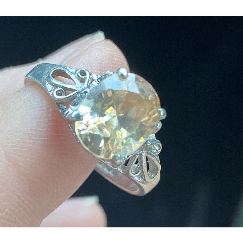 RSC 925 Sterling Silver Peach Yellow Crystal Ring Faceted Sparkly Sz 8.5